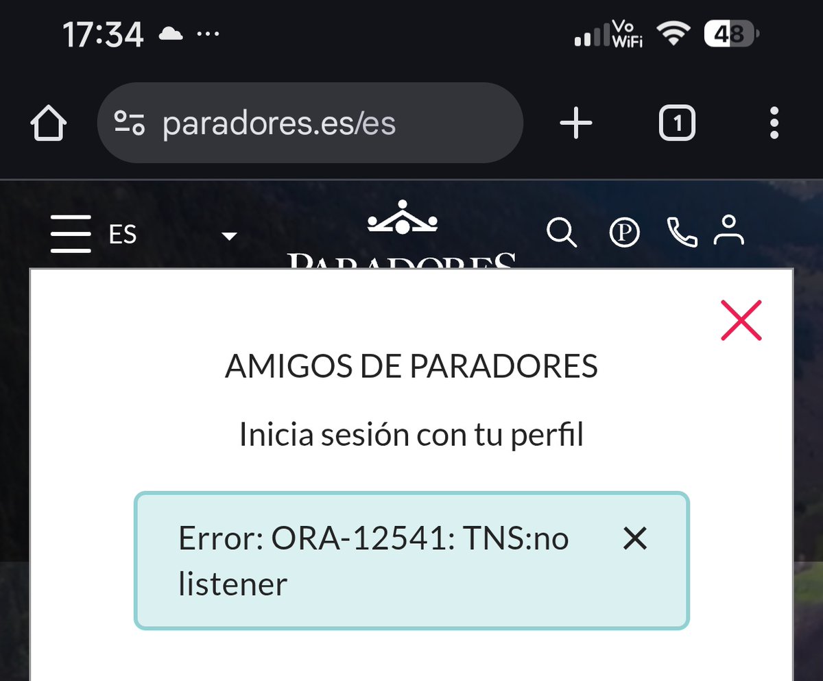 ferchu854's tweet photo. @paradores hay algún problema en la web? Intento acceder con mi perfil pero aparece este error: https://t.co/2TxZaiyqEb