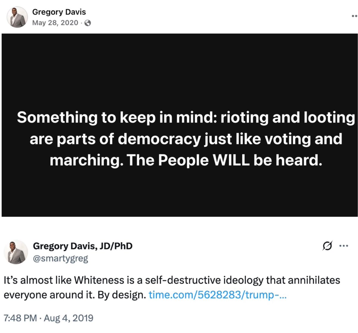 DeAngelisCorey's tweet image. BREAKING: Harvard University Dean Gregory Davis was removed after a student-run news outlet exposed his anti-White and pro-rioting social media posts.