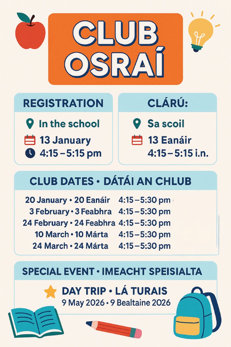 ColPobOsrai's tweet photo. Club Osraí - Registration next Tuesday 13th January /Clárú an Mháirt seo chugainn 

Afterschool club through Irish for 6th Class pupils. Bígí linn! 

@KCETB_Schools https://t.co/rrOtjD2xiI