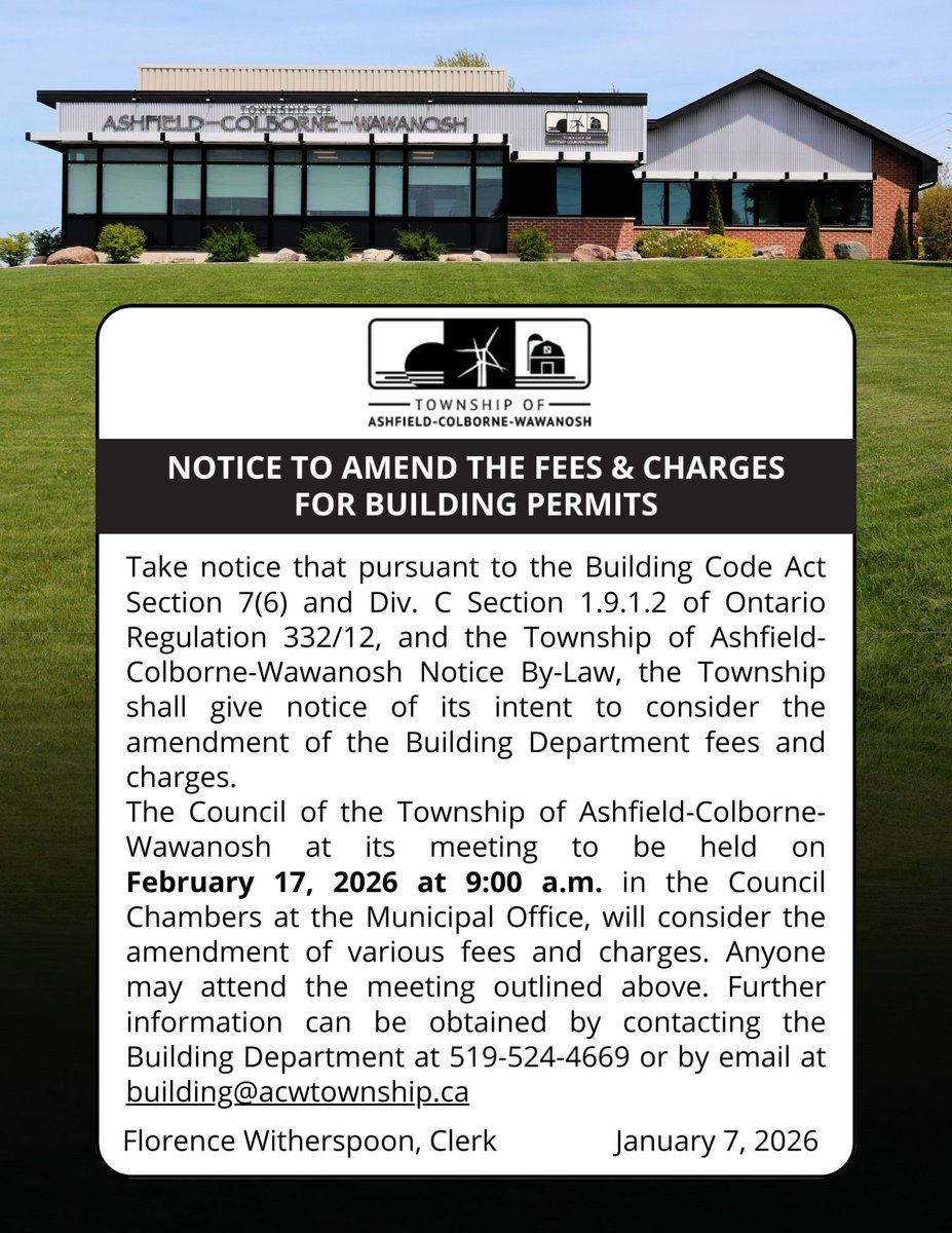 NOTICE: To Amend the Fees and Building Charges for Building Permits

For full details visit acwtownship.ca/residents/news…
