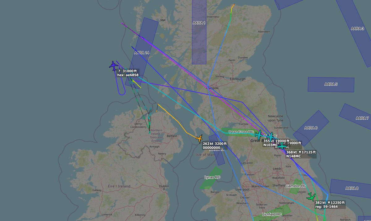 ArmchairAdml's tweet photo. #USAF United States Air Force

Lockheed Martin AC-130J Ghostrider 2x 
#AE6C0E 19-5926 - ARSON 17
#AE6202 18-5888 - ARSON 16

Lockheed Martin MC-130J Commando II 3x
#A010EF N103MC - STRIX 61
#A0C17E N1478MC - STRIX 63
#A10CC5 N167MC - STRIX 64

Bell-Boeing CV-22B Osprey 2x
#AE540A 11-0058 - KNIFE 71
Unknown - KNIFE 72

Boeing KC-135 Stratotanker 1x
#AE0659 59-1464 - LAGER 62

Boeing P-8 Poseidon 1x
#AE57B7 168851 - PAPA MIKE 073

Dornier C-146 Wolfhound 1x
#AE68B1 10-3068 - DADDY 11

The aircraft from the raid on the BELLA 1 tanker today in the GIUK gap are on their return journey.

The two AC-130s aren't tracking, while the MC-130s are appearing with civil identifications. Five MC-130Js departed this morning.

KNIFE 71/72 flight is shortly behind them, while PAPA MIKE 073 orbiting near AAR14. LAGER 62 is calling BANTER Ops on 300.800.

DADDY 11 is on the ground at RAF Fairford, after arriving from Lossiemouth. 

Been a hell of a long day for these guys - ARSON 16s first radio call was 2am.

Photo credit: @havoc_aviation