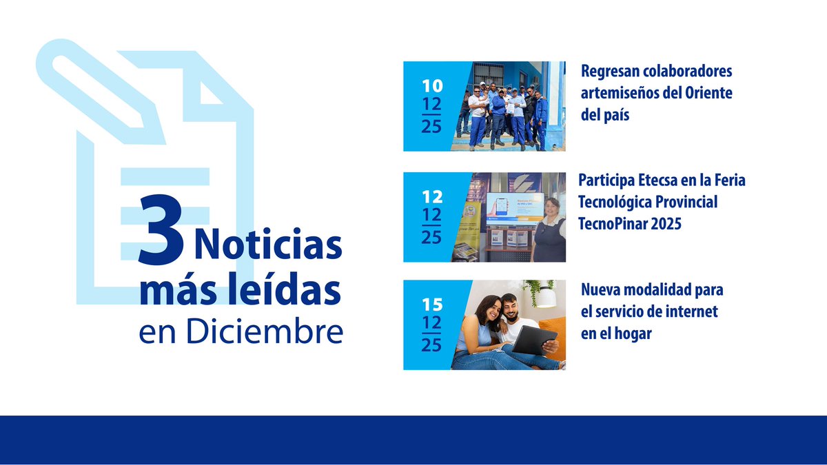📌 Finalizó diciembre y te traemos una selección de las noticias más leídas 👀 por los usuarios 👥 durante el mes.
📍 Por aquí te dejamos el enlace a nuestra web 😉👇
etecsa.cu/es/noticias.
#EtecsaConCuba 🇨🇺