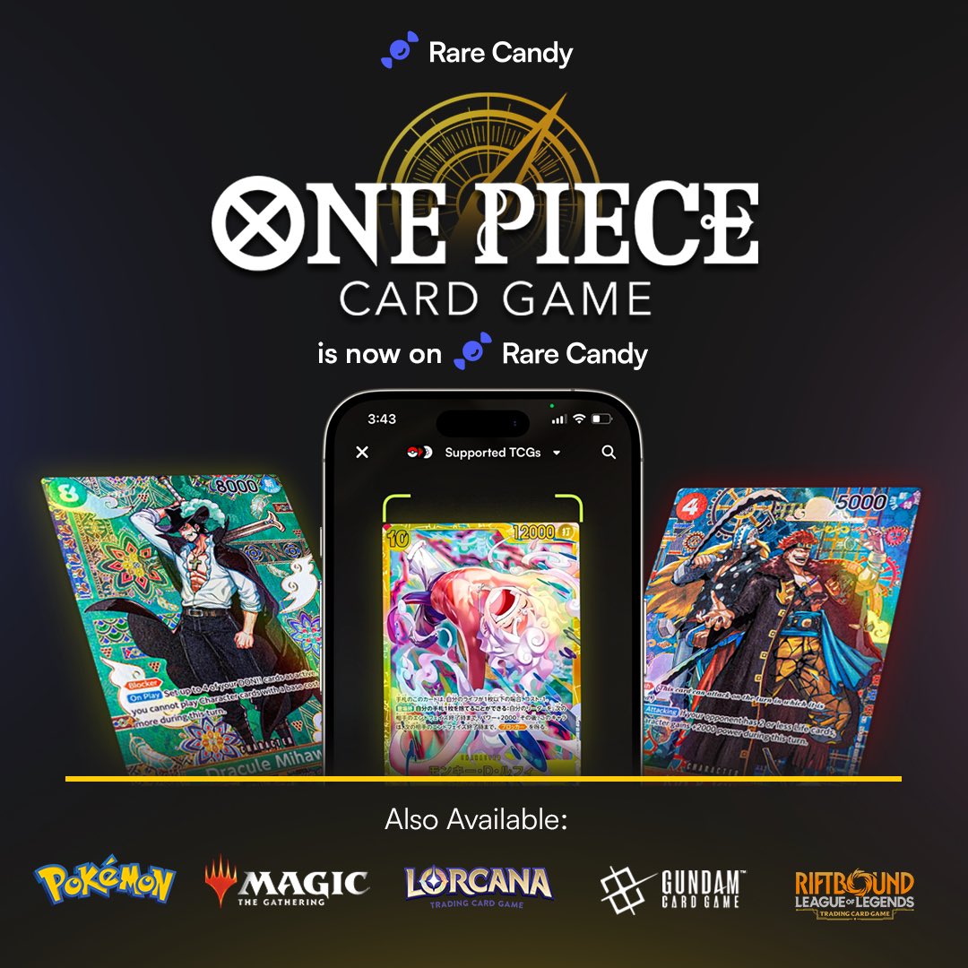 RareCandy's tweet image. 🏴‍☠️ Happy to announce that the Rare Candy Pirate Crew will be setting sail in search of the Pirate King’s Treasure!

Okay not really but the One Piece Card Game is officially on Rare Candy!

Scan &amp;amp; Track One Piece (and other TCGs) for completely free on Rare Candy!