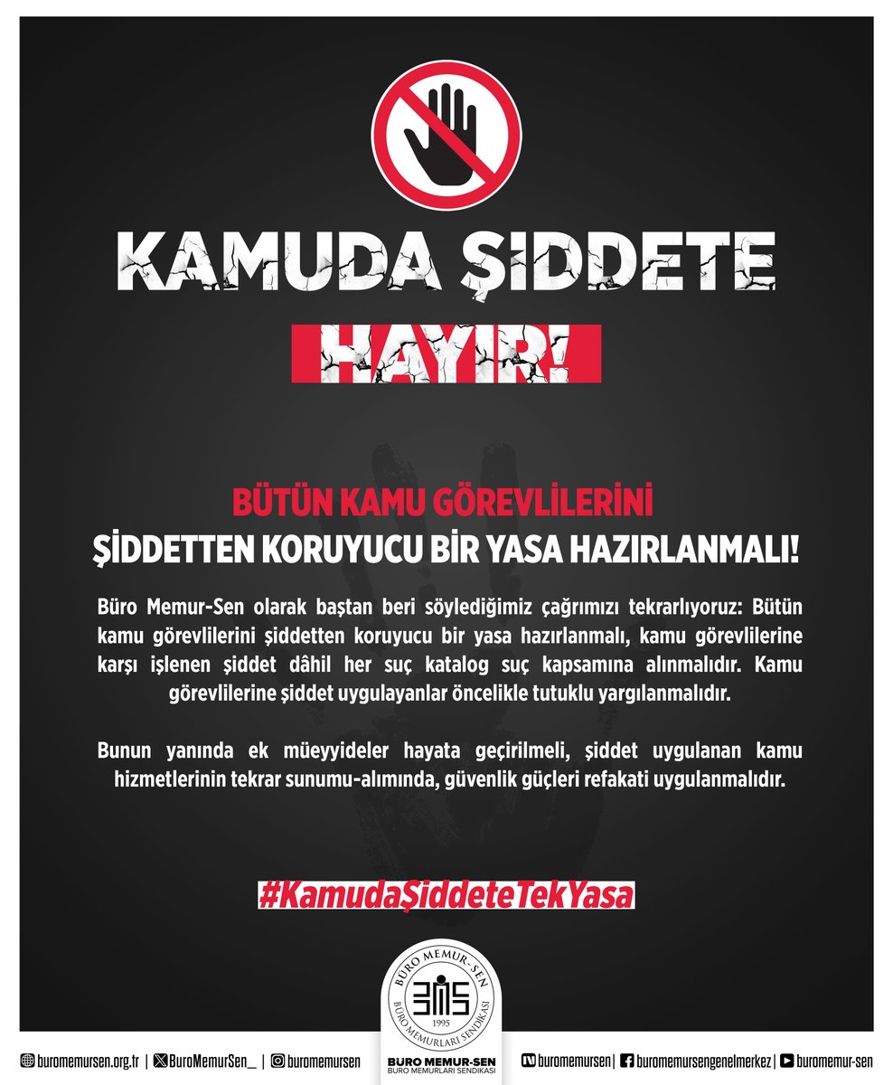 BÜTÜN KAMU GÖREVLİLERİNİ ŞİDDETTEN KORUYUCU BİR YASA HAZIRLANMALI!

Büro Memur-Sen olarak baştan beri söylediğimiz çağrımızı tekrarlıyoruz: Bütün kamu görevlilerini şiddetten koruyucu bir yasa hazırlanmalı, kamu görevlilerine karşı işlenen şiddet dâhil her suç katalog suç