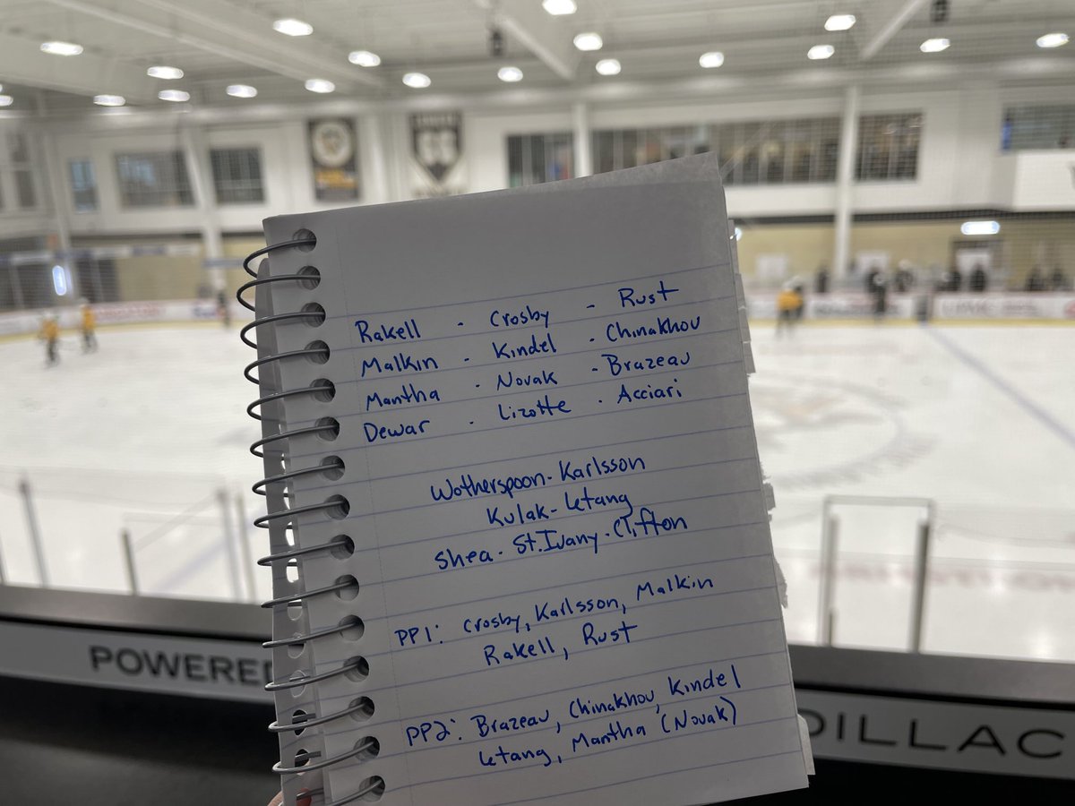SethRorabaugh's tweet image. Penguins’ lines, pairs and power-play groups:

(Of note, the second line was kind of fluid so it wasn’t totally clear who was the center or wing. Malkin did line up as a left winger for six games last season.)