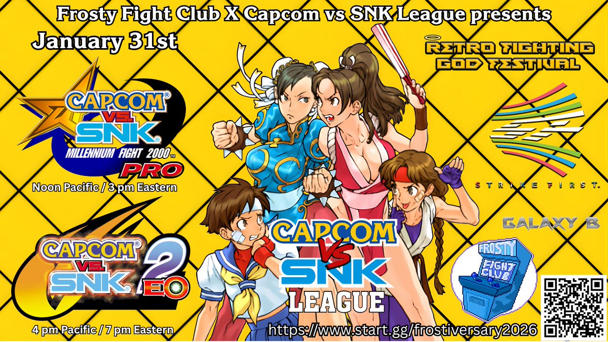 We in conjunction with <a href="/DRB3000/">EVO 2025 Champion of CVS1 PRO -DR.B @ ComboBreaker</a>, <a href="/teamstrike1st/">STRIKE FIRST GAMING - ( SFG ) @ Combo Breaker 2026</a>, and the <a href="/FightingRetro/">Retro Fighting God Festival @ Combo Breaker 2026</a> are hosting a Capcom VS SNK League  x Frosty Region-Free Championship Double Header on January 31st!

Come join us for CVS1 Pro and CVS2EO via Steam beginning at Noon Pacific!

start.gg/frostiversary2…
