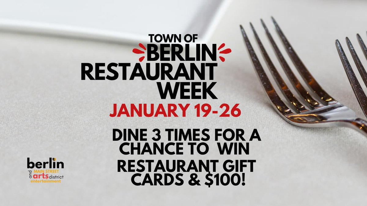 Supporting small business can be as simple as dining out.

Berlin Restaurant Week | Jan 19–26, 2026
Dine at 3 participating downtown Berlin restaurants for a chance to win gift cards and $100. Entry cards and menus available at the Berlin Welcome Center.