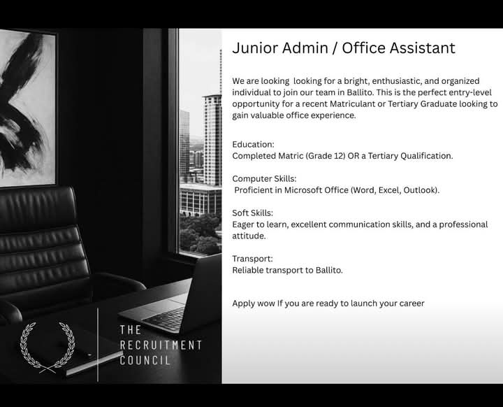 CarolBoitumelo1's tweet image. We are looking for a Junior Admin / Office Assistant.

This is the perfect entry-level opportunity for a recent Matriculant or Tertiary Graduate who wants to gain valuable office experience.

Email your CV to info@recruitmentcouncil.co.za