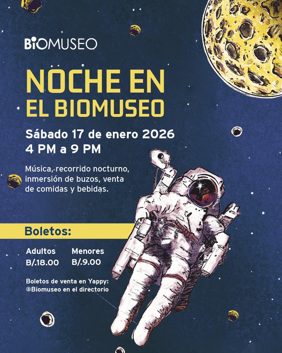 biomuseo's tweet photo. ¡Acompáñanos el sábado 17 de enero a la primera Noche en el Biomuseo del año! 🌙

✨Aprovecha los boletos en preventa:
🎟 Adultos: B/. 18.00
🎟 Menores: B/. 6.00

🟢Yappy: Encuéntranos en el directorio como 
@Biomuseo https://t.co/i2rAAUasgW