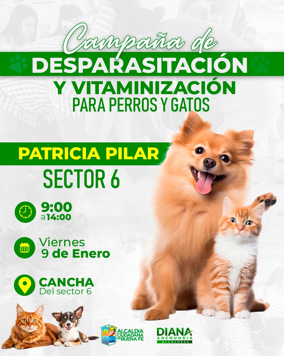 CAMPAÑA DE DESPARASITACIÓN Y VITAMINIZACIÓN Para perros y gatos💊🐱🐶🩺 

📍 Patricia Pilar Sector #6 
📅 Viernes 9 de Enero 
🕤 De 09:00 a 14:00 
#PorUnMejorBuenaFe
#AlcaldíaCiudadanaDeBuenaFe