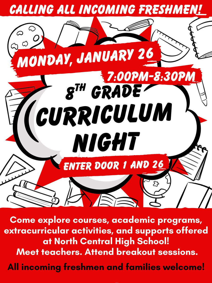 📣 Incoming 9th Grade Families!
Join us for 8th Grade Curriculum Night to learn about classes, programs, activities, and supports—and meet our team!

📅 Jan 26 | ⏰ 6:30–8:30 PM
📍 North Central HS

Get ready for freshman year! 🐾❤️🖤
#MSDWT #NCHS #WHYWT #WEGROWPANTHERS