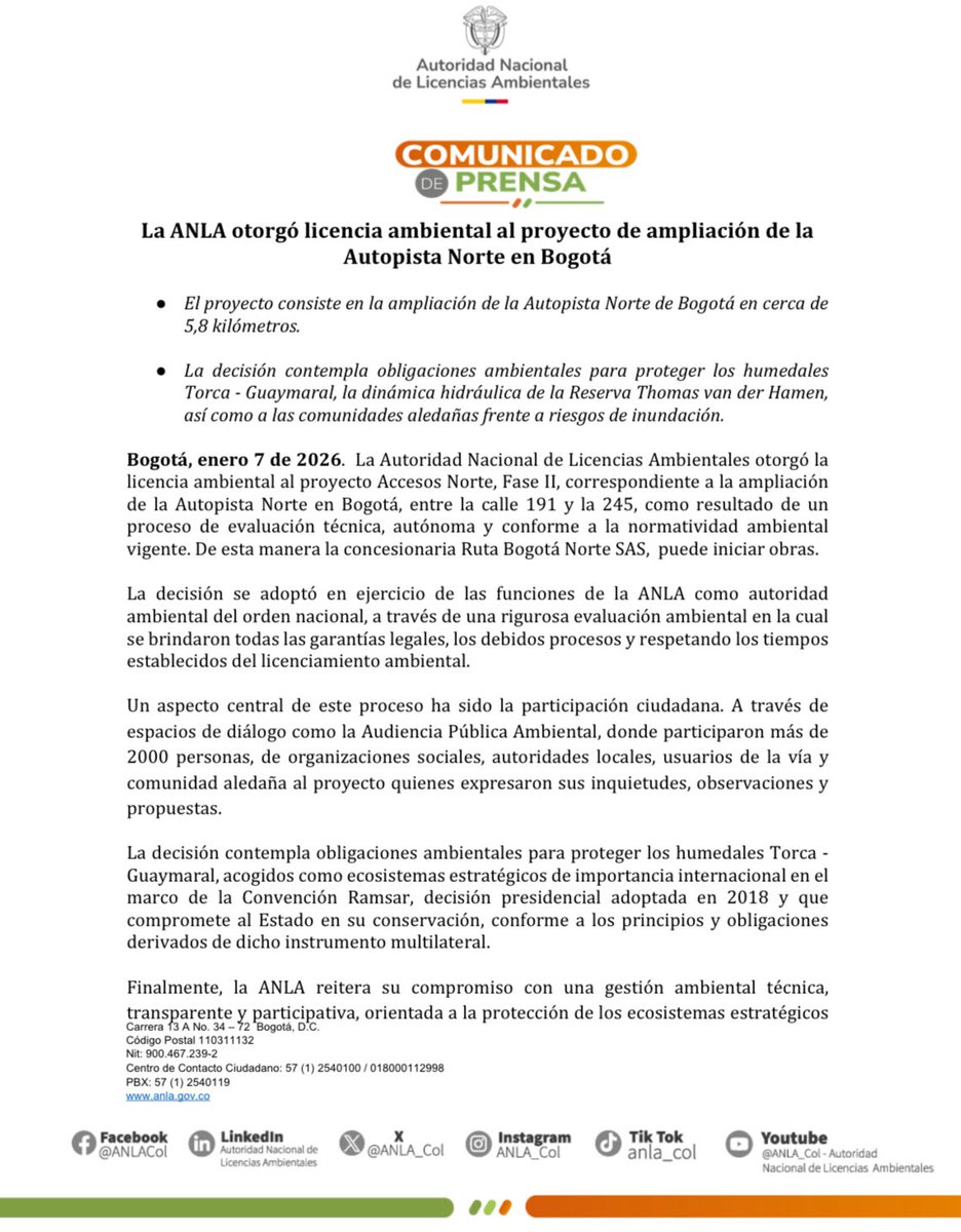 ANLA_Col's tweet image. #BoletínDePrensa | La ANLA otorgó la licencia ambiental al proyecto Accesos Norte – Fase II, para la ampliación de la Autopista Norte en Bogotá, entre las calles 191 y 245, tras un proceso de evaluación técnica, autónoma y conforme a la normatividad ambiental vigente.

Más info: