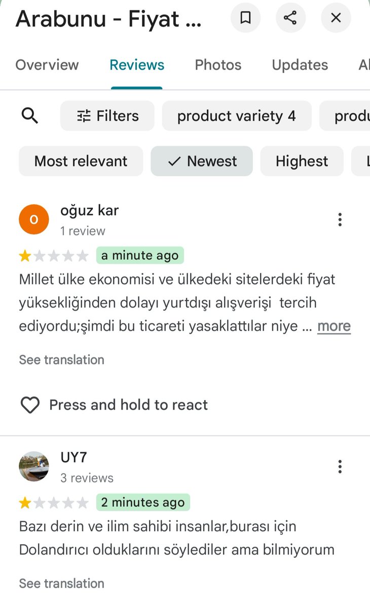 Vatandaşlar, Serkan Koç'un sözleri üzerine arabunu .com sitesini boykot etme kararı aldı. 

Kullanıcılar, Google üzerinden "arabunu" işletmesine 1 puan vererek tepkilerini dile getiriyor.