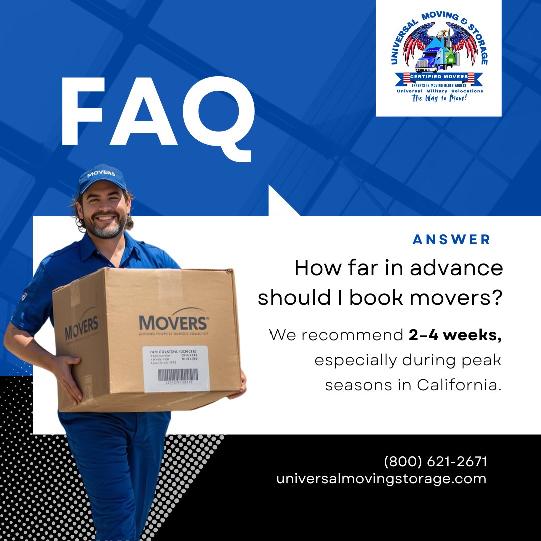 ❓ Moving soon? Here’s a tip!
We recommend booking your movers 2–4 weeks in advance, especially during peak moving seasons in California. This ensures you get the date you want and stress-free service.
Planning a move? Don’t wait, let’s get started today! 📦