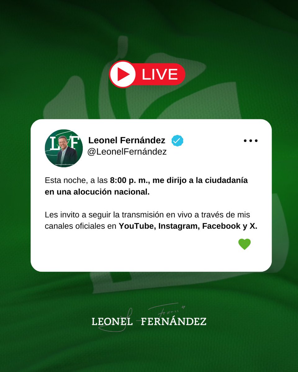 Esta noche, a las 8:00 p. m., me dirijo a la ciudadanía en una alocución nacional.

Les invito a seguir la transmisión en vivo a través de mis canales oficiales en YouTube, Instagram, Facebook y X.

 youtube.com/live/LI_gyCobr…