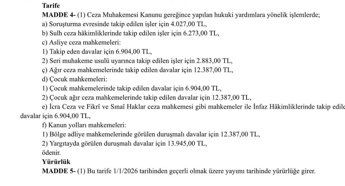mahkemekararlar's tweet photo. 2026 Yılı CMK Ücret Tarifesi az önce Resmi Gazete’de yayımlandı. https://t.co/tAhpoDjjrC