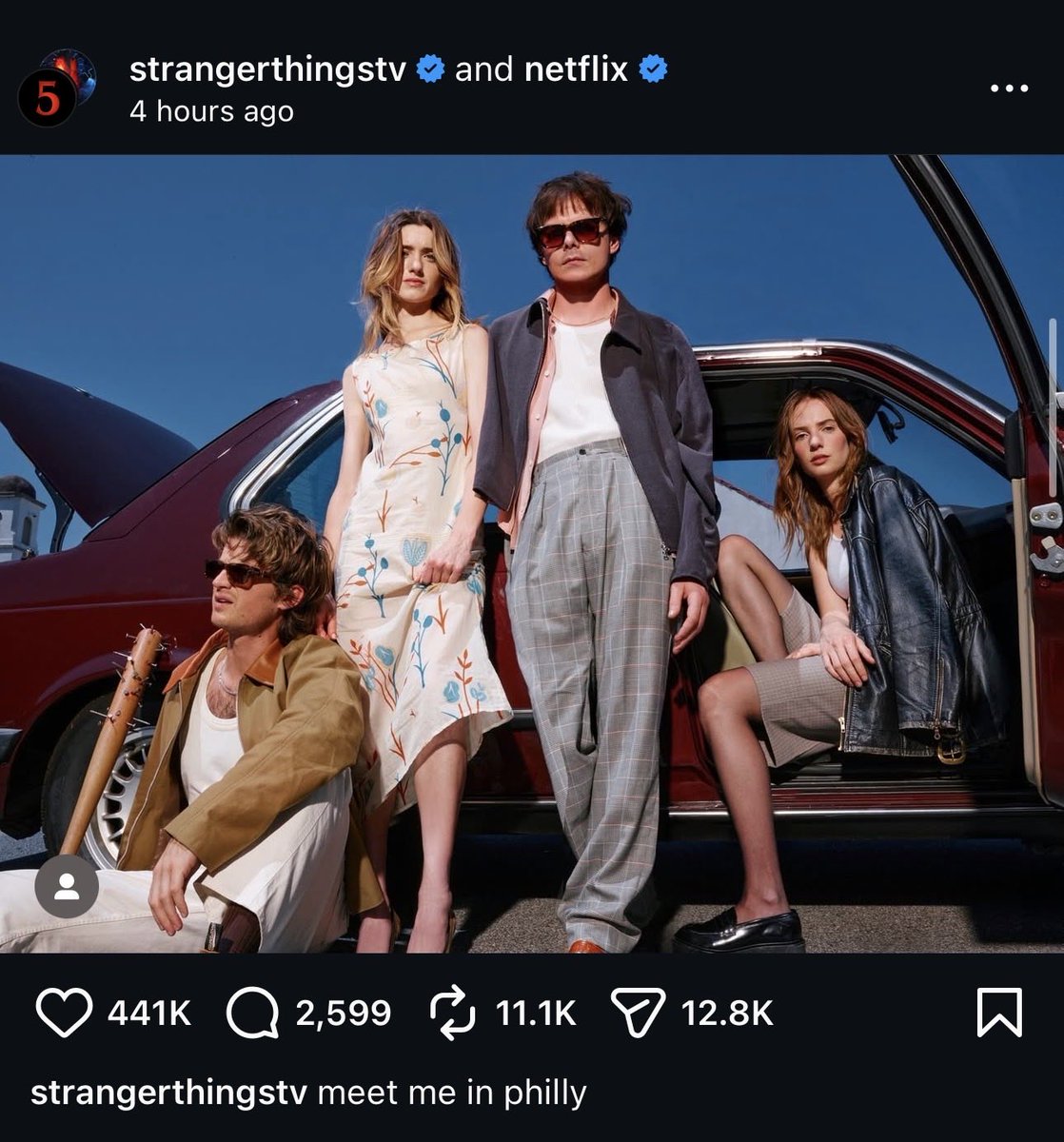 Lcritzy's tweet photo. @chromesofhearts So today stranger things posted a picture and captioned it about meeting in Philadelphia like what they planned to do in the show. https://t.co/9Mh0E0nDEi