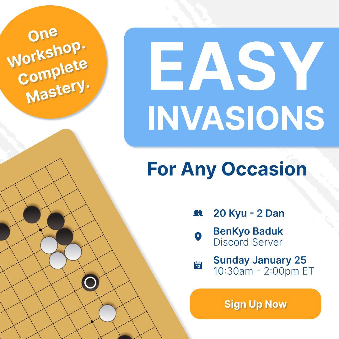 BenKyo Baduk Workshop #2, "Easy Invasions For Any Occasion" is still open for registration!
ko-fi.com/c/30f281071b

I'll keep the EARLY BIRD price open until this Monday, January 12!

The first workshop was a success and a lot of fun, join us!

#weiqi #baduk
