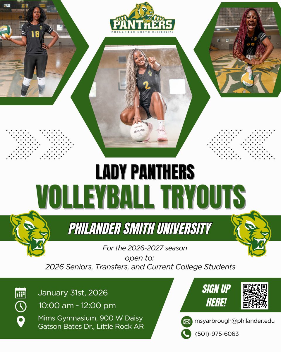 MariahYarbrough's tweet photo. The Philander Smith University Volleyball Team will be hosting tryouts!

January 31st, 2026.

Open to 2026 Seniors, Transfers, and Current College Students.💛🏐💚🏐💛

🚨Scholarship Opportunities Available

Sign up below👇🏾👇🏾 https://t.co/JfeOpyK0SP