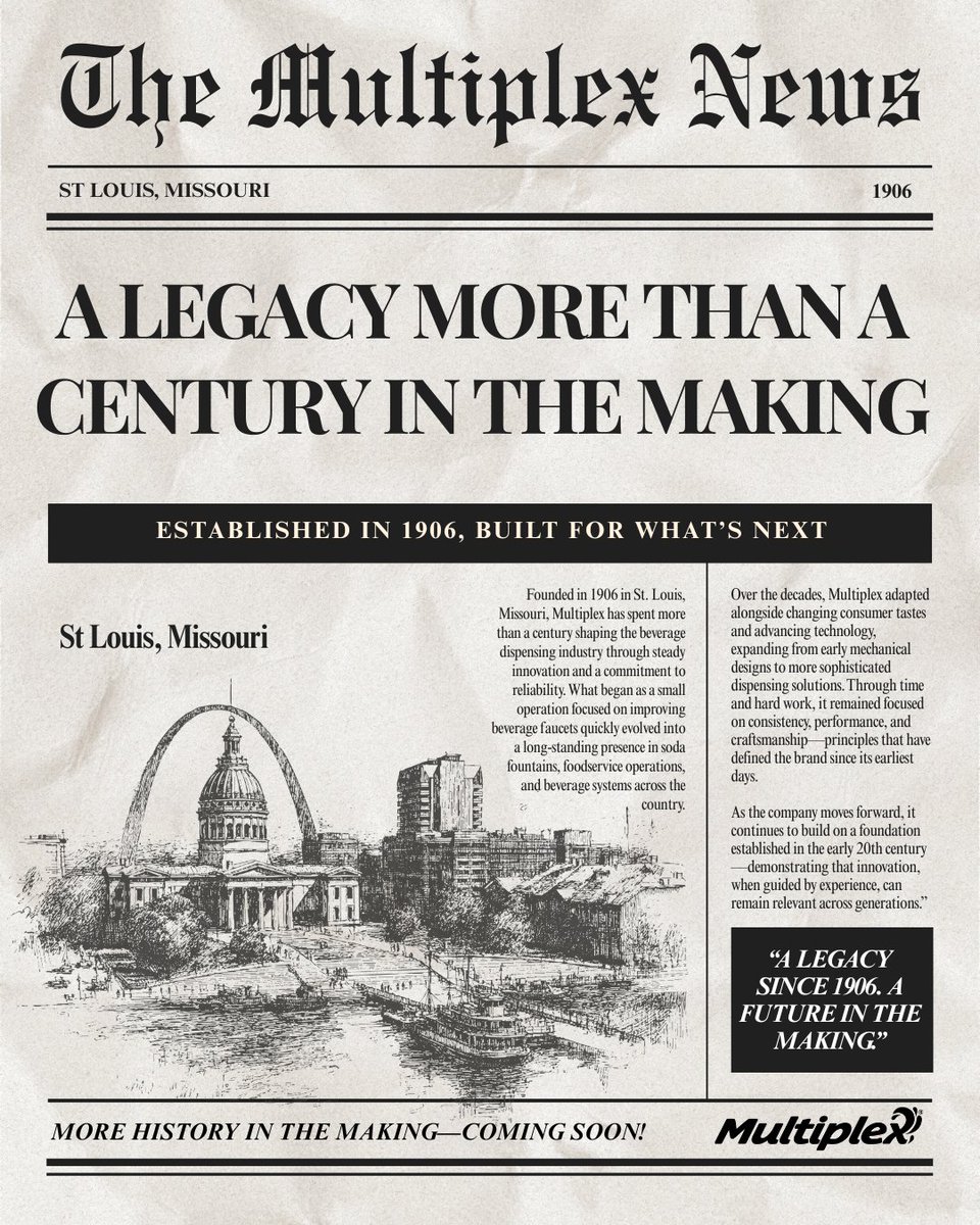 Multiplex_bvrg's tweet photo. Did You Know? 💡

Multiplex was established in 1906 in St. Louis, Missouri—marking the start of over a century of beverage innovation. What began as a small operation would grow into a legacy built around improving the way beverages are served. 

#Multiplex #DidYouKnow #Throwback https://t.co/1pFjrNzVEZ