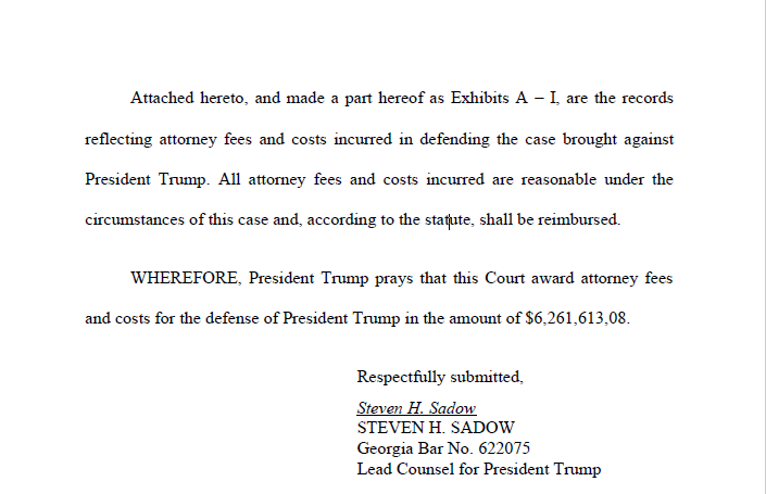 MissVWaters's tweet photo. #BREAKING Attorney Steve Sadow files a motion seeking to recoup fees &amp; costs for defending Pres. Trump in the now-dismissed election-meddling racketeering case in Fulton County, Georgia, following DA Fani Willis's disqualification. The ask: more than $6.26 Million. @wsbradio https://t.co/pCULxFBTVx