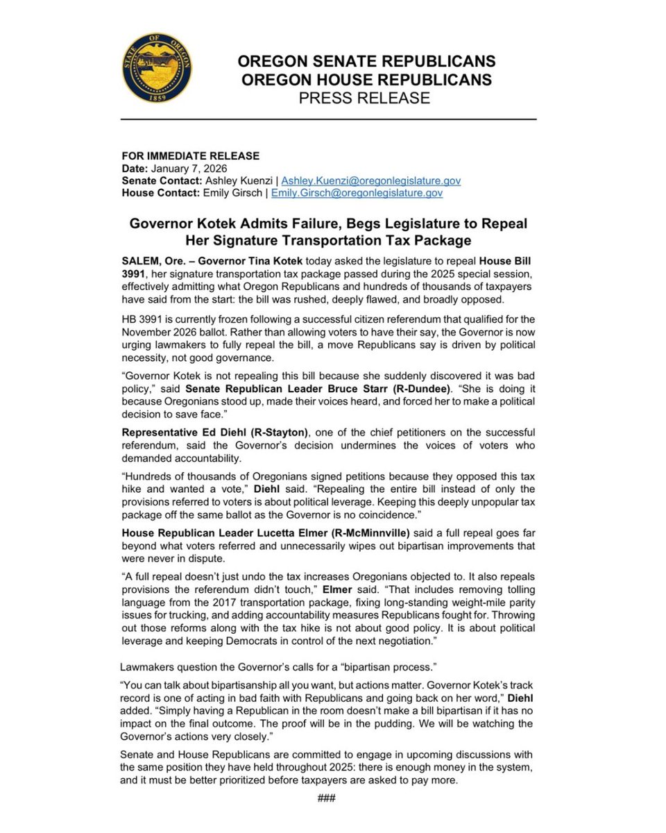 🚨 FOR IMMEDIATE RELEASE: Governor Kotek Admits Failure, Begs Legislature to Repeal Her Signature Transportation Tax Package

Today, Gov. Kotek admitted what Republicans &amp; hundreds of thousands of Oregonians knew all along: her Transportation Gas Tax &amp; Fee package was rushed,