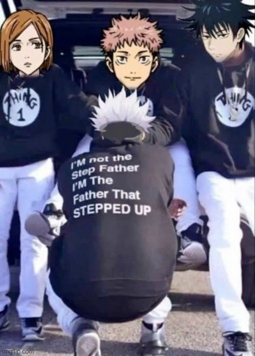 Nearishere's tweet image. Gojo: "I'm not the step father, I'm the father that STEPPED UP" 😎

Nobara, Yuji, and Megumi rocking the family fit. Best sensei in the jujutsu world fr 💯