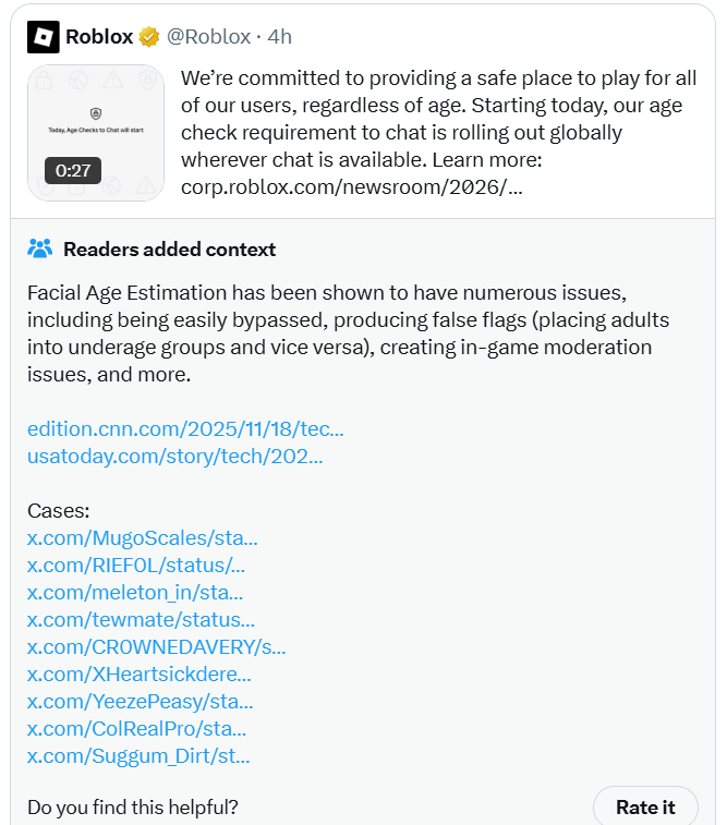 Zenha's tweet image. Roblox just got community noted over their new age estimation update LOL
