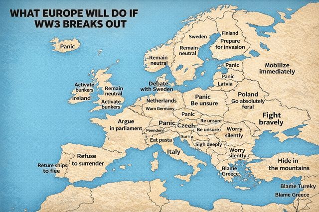 ChatgptLunatics's tweet image. "What each European country would do when ww3 breaks out"