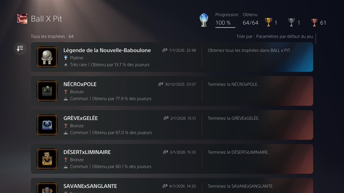 Je ne suis du genre à faire le platine des jeux (je dois en avoir 5).
Osef.
Sauf pour de rares exceptions… la dernière remonte à God of War Ragnarök… c’est pour dire 😅
Eh bien… nouvelle exception pour cet incroyable jeu qu’est Ball X Pit.
Une merveille.
Foncez le faire !!!