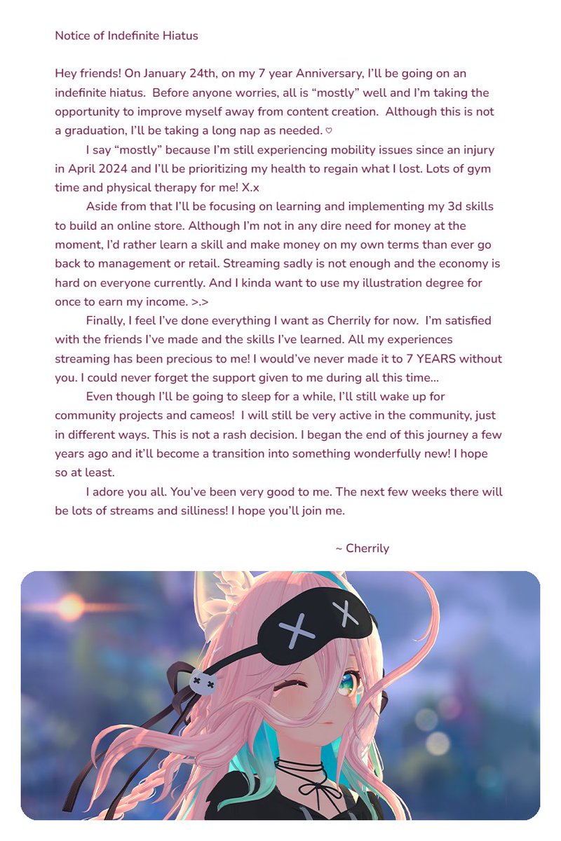 Notice of Indefinite Hiatus! 💕

I'll be having a stream on Friday the 9th at 7pm cst to explain my decision to take an extended nap. It's not all bad news, I promise. Come chat with me about change!

#vtuber