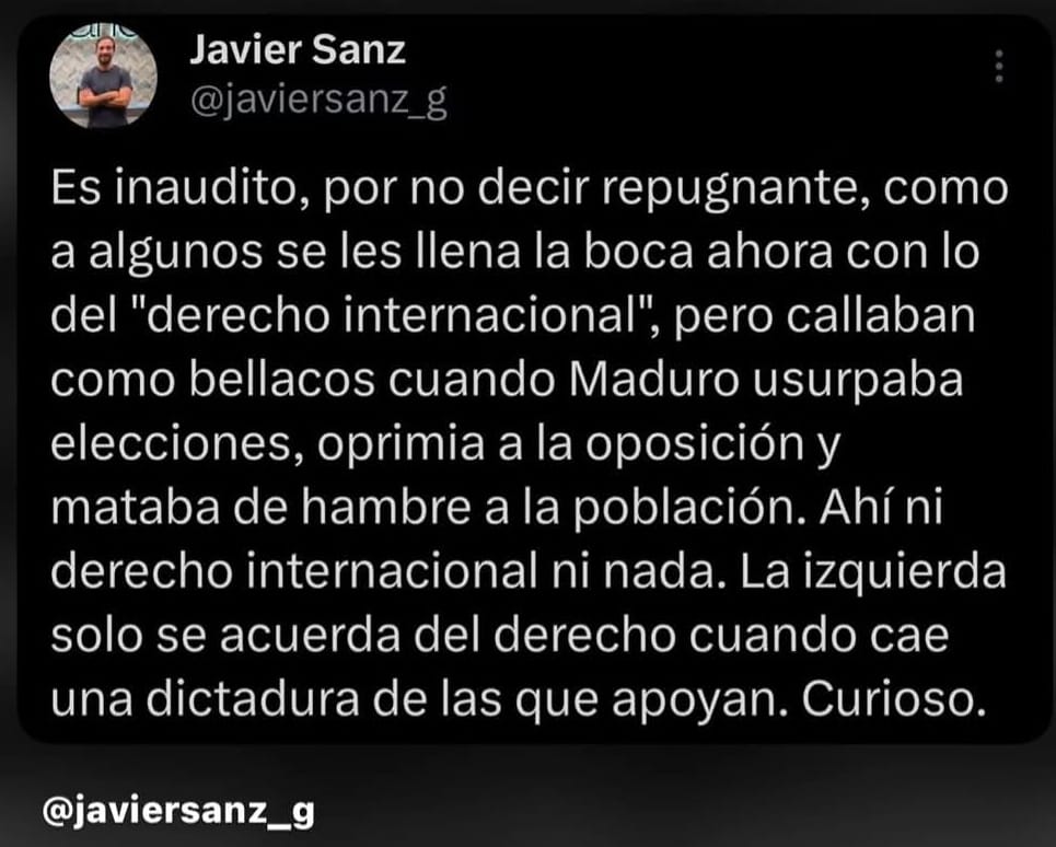 SamHM90's tweet image. El problema es tratar la detención de #Maduro como algo de derechas o de izquierdas. Eso es lo repugnante.
Esto es algo más que verlo desde el lado ideológico. Solamente hay que esforzarse un poquito para comprenderlo.