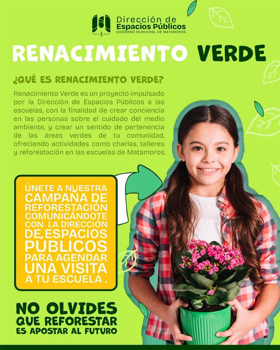 🌱✨ Sembrar conciencia hoy es cuidar el mañana.
Con la campaña Renacimiento Verde llevamos a escuelas actividades que fomentan el cuidado del medio ambiente.

Charlas, talleres y reforestación que inspiran a niñas y niños a construir un futuro más verde para Matamoros. 🌿