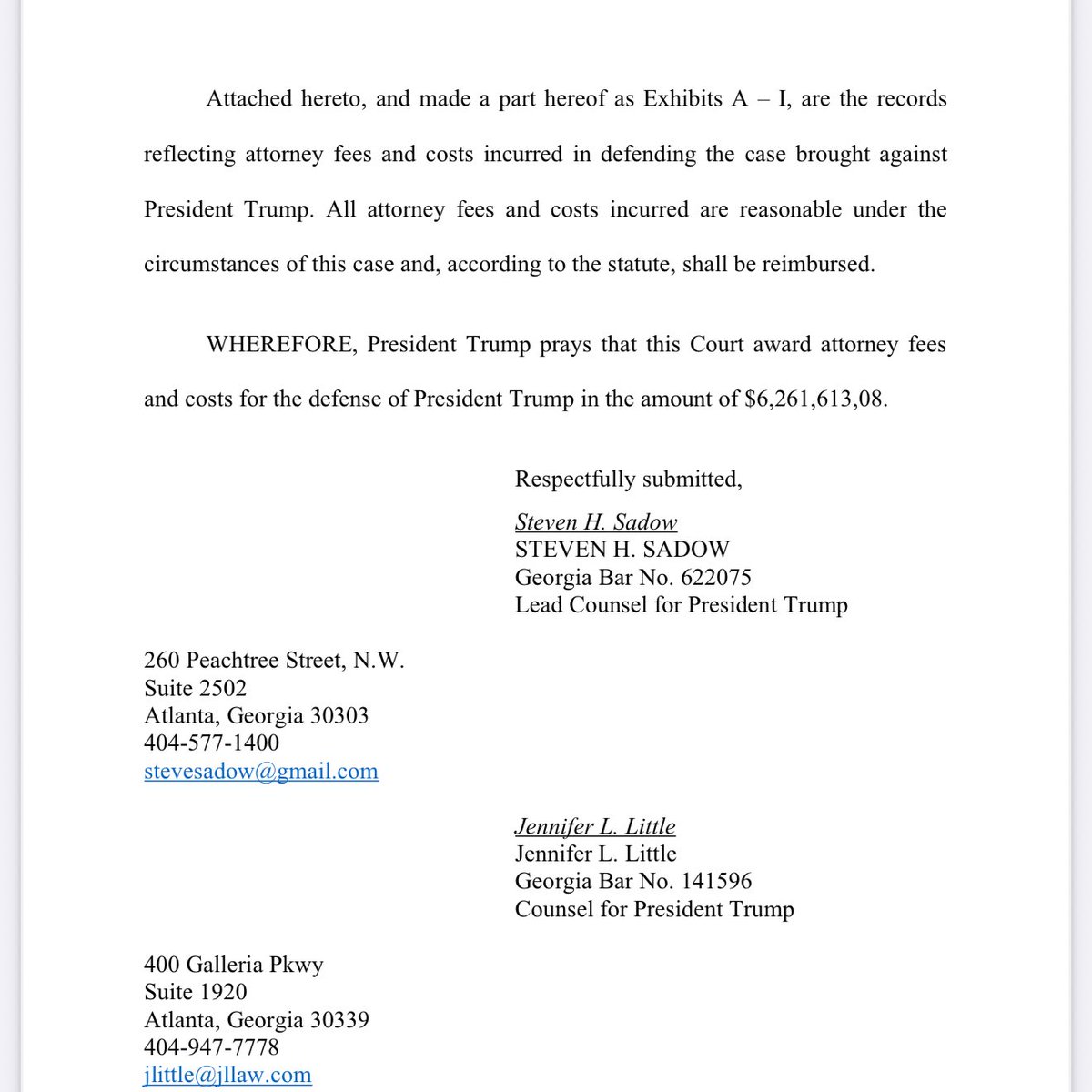 NEWS: Trump seeks $6.2 million dollars in attorneys fees and costs following dismissal of his criminal charges in Georgia. 

Under a Georgia law passed last year, the funds would be paid by the Fulton County district attorney’s office.