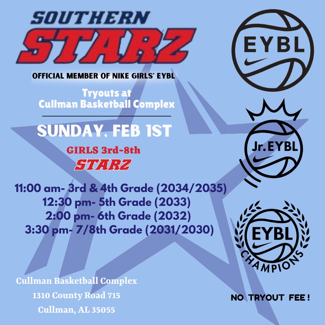 TRYOUTS for 3rd - 8th GRs on FEB 1 for the ONLY NIKE EYBL Girls’ BB Program in Alabama, Mississippi or Tennessee!  More than 300 College Signees!  Come play on the Top Circuit with Top Players &amp; Coaches vs Top Competition!  No Tryout Fee!  Go STARZ!  ⭐️