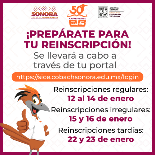 👋 El semestre Par 2026 está por comenzar, ¡prepárate para tu reinscripción! ✨
💻 Será en línea a través del portal:  sice.cobachsonora.edu.mx
#SomosCobach