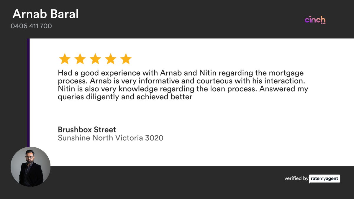 arnabsep's tweet photo. My latest RateMyAgent review in Sunshine North.

https://t.co/BOyqHn233l

Visit us at https://t.co/byUGpf2Ln3
...
#ratemyagent #mortgagebroking https://t.co/GBIO4P0BfI