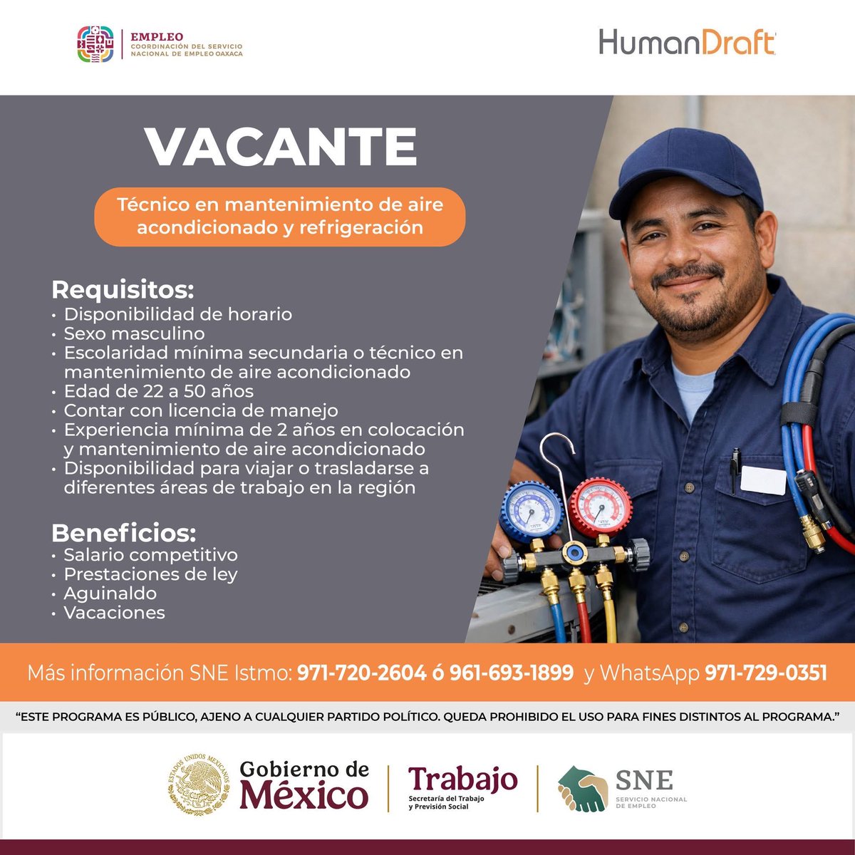 SNEOaxaca's tweet image. #VACANTE EN LA REGIÓN DEL ISTMO
TÉCNICO EN MANTENIMIENTO DE AIRE ACONDICIONADO Y REFRIGERACIÓN

MÁS INFORMACIÓN A TRAVÉS DE LA OFICINA REGIONAL SNE Oaxaca: Istmo
📞 Teléfono: 971-720-2604 ó 961-693-1899
📱 WhatsApp: 971-729-0351

#SNE #Oaxaca #Empleo #EmpleoFormal #Istmo #Trabajo
