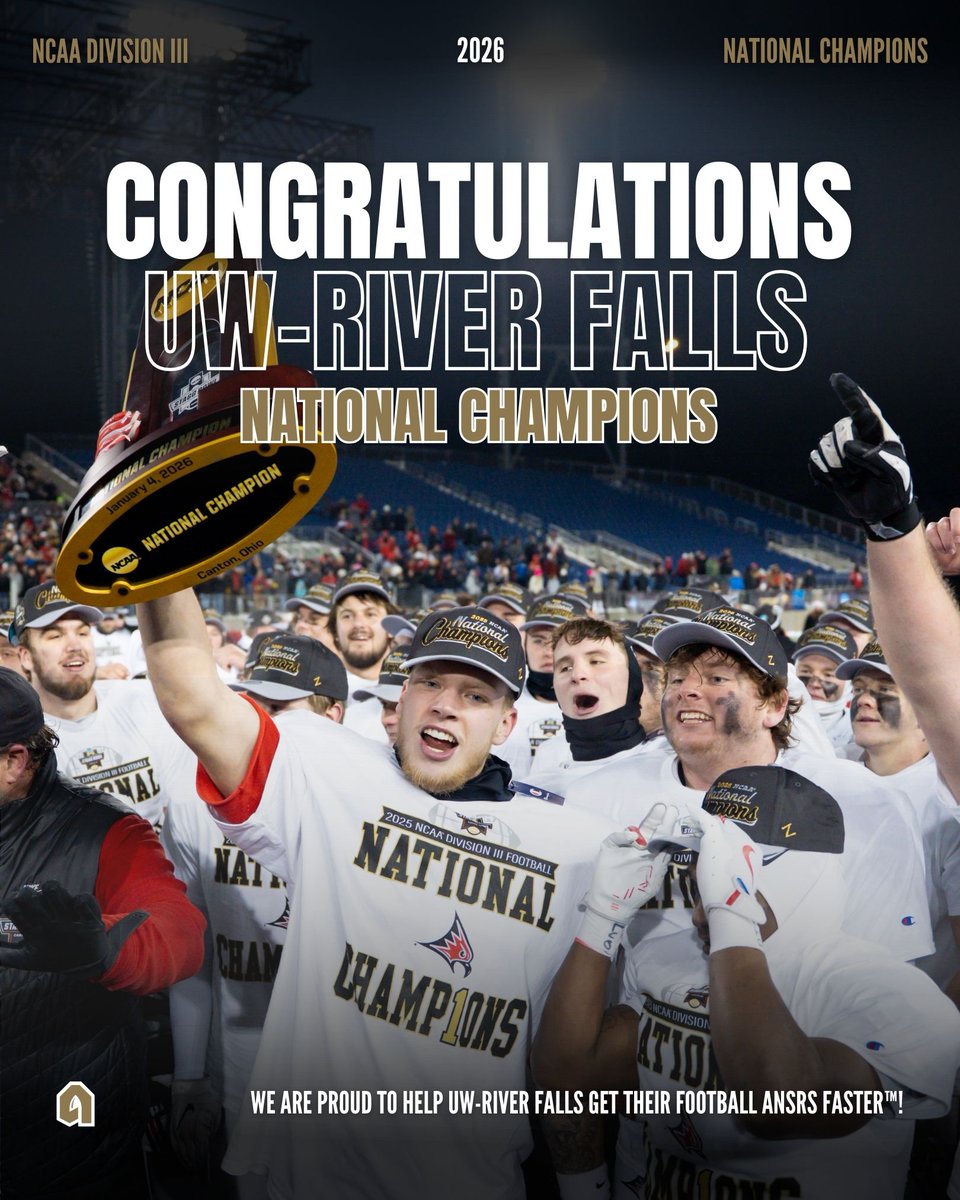 ANSRSFB's tweet image. Congratulations @UWRFFootball! 🏈🏆 #D3FB CHAMPS! 

We are proud to help the The Wisconsin–River Falls Falcons get their Football ANSRS FASTER™!  

👉 ANSRS helps automate breakdowns, accelerate game plans, &amp;amp; helps with efficiency in the office by helping coaches repurpose 20+…