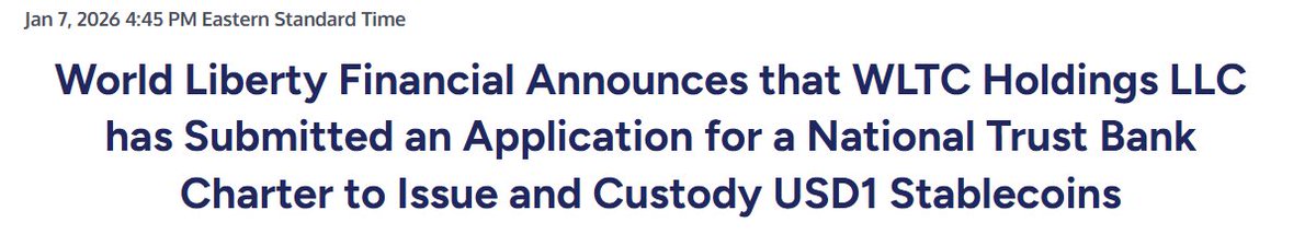 World Liberty Financial just took a major step forward.

Their affiliate has applied for a U.S. national trust bank charter to issue and custody #USD1.

What does this mean?
• USD1 could be issued and redeemed under federal supervision

• Regulated custody + on/off ramps

• A