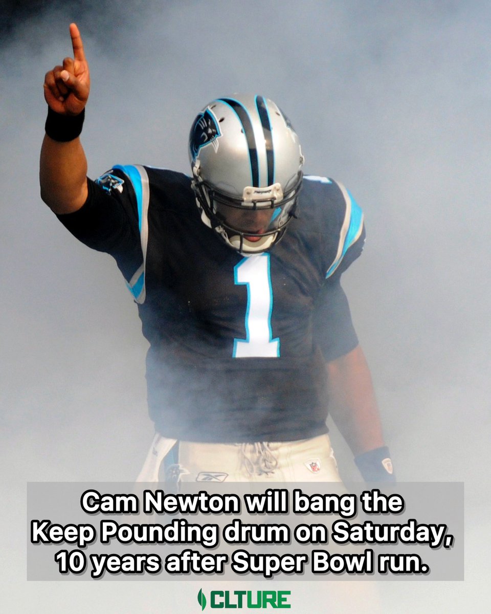 CLTure's tweet photo. The Panthers have confirmed that Cam Newton will bang the Keep Pounding drum before Saturday’s playoff game against the Rams, marking 10 years since the 2015–16 Super Bowl run. 

It will be his first time back at The Bank since 2021. With many greats from the 2015 team in the building, it should make for an electric game-day atmosphere.

📸: Mike McCarn / AP