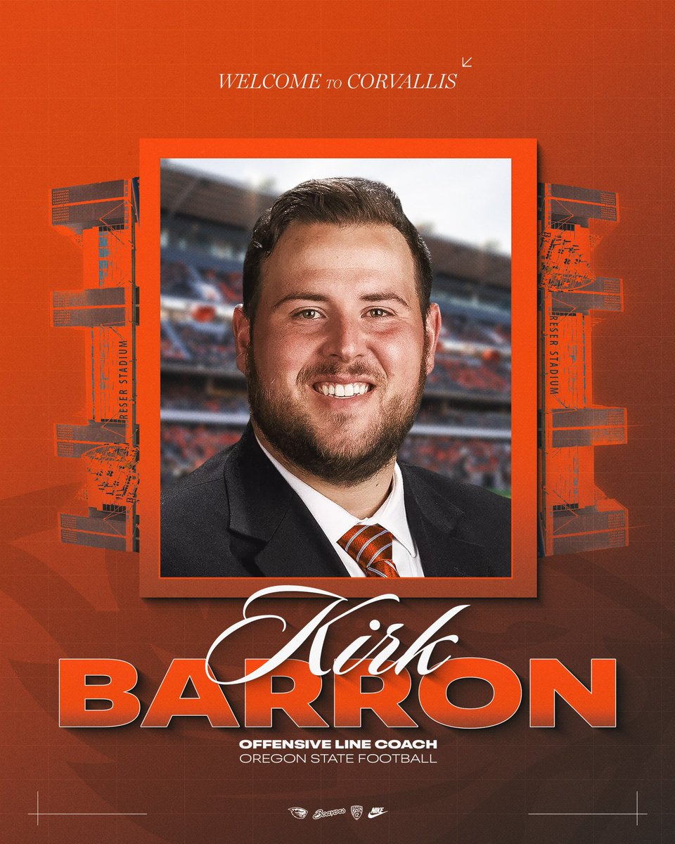 BeaverFootball's tweet image. Oregon State Football welcomes Kirk Barron to Corvallis as our Offensive Line Coach.
—
📲 osubeavers.com/news/2026/1/7/…

@CoachB53 x #TheDamStandard
