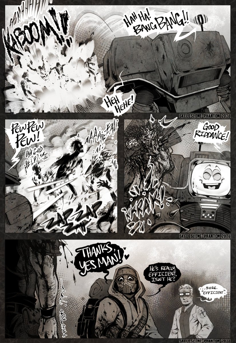 Yes Man was cooped up in that workshop for so long, so Colton wanted to  give him the chance to venture out. 

The platinum chip upgrades sure make  a difference~ 
C'mon, Arcade, those raider Fiends aren't gonna clean up themselves! 
#FalloutNewVegas #FNV