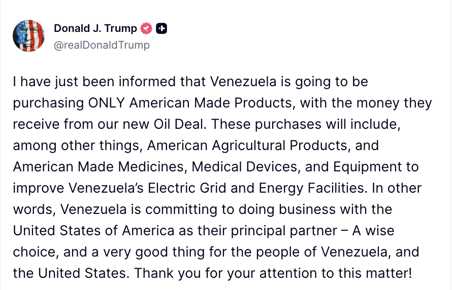 OrlvndoA's tweet image. #URGENTE | Trump informa que el régimen interino venezolano se compromete a "solamente comprar productos americanos".

Los productos que compren son de agricultura, medicinas, servicios médicos y equipamiento para reconstruir la red eléctrica y las instalaciones energéticas.