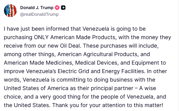 spectatorindex's tweet image. BREAKING: Trump says Venezuela is 'going to be purchasing ONLY American Made Products'