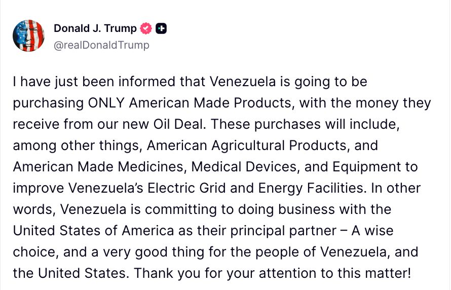 EmmaRincon's tweet photo. Presidente Trump: 

“Acabo de ser informado de que Venezuela comprará ÚNICAMENTE productos fabricados en Estados Unidos con el dinero que reciba de nuestro nuevo acuerdo petrolero. Estas compras incluirán, entre otras cosas, productos agrícolas estadounidenses, así como medicamentos, dispositivos médicos y equipos fabricados en Estados Unidos para mejorar la red eléctrica y las instalaciones energéticas de Venezuela. En otras palabras, Venezuela se compromete a hacer negocios con Estados Unidos como su principal socio comercial. Una decisión acertada y muy beneficiosa tanto para el pueblo venezolano como para Estados Unidos. ¡Gracias por su atención a este asunto!”