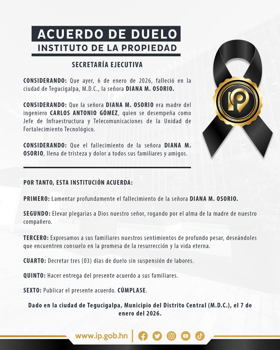 El Instituto de la Propiedad lamenta profundamente el fallecimiento de la señora Diana M. Osorio, madre de nuestro compañero Carlos Antonio Gómez.

Expresamos nuestras condolencias y acompañamos a su familia en este momento de duelo.