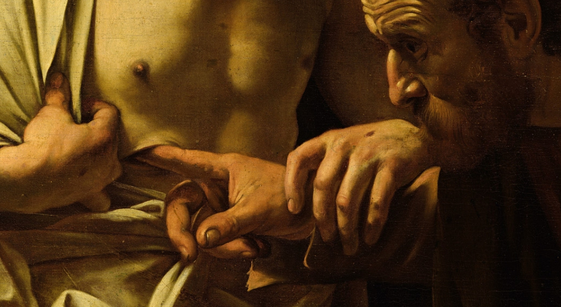 Caravaggio, The Incredulity of St. Thomas (1601), detail.