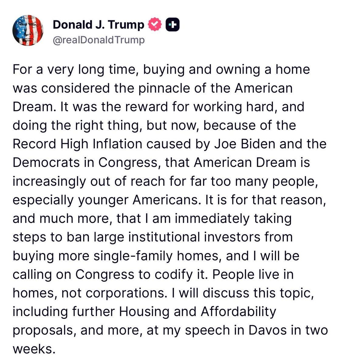yashar's tweet image. BREAKING

President Trump says he will call on Congress to ban large institutional investors from buying single-family homes.

This is very popular overall, but it’s important to note that the MAGA base has been calling for this for some time, and calls for such a ban have ramped…