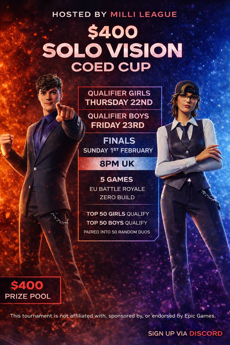 🎉$400 SOLO VISION COED CUP🎉

8PM UK |  EU 
 Battle Royale - Zero Build 

 Qualifiers 
 Girls: Thu 22nd (solo)
 Boys: Fri 23rd  (solo)
 Finals:
 Sun 1st Feb (duo coed)

PRIZE POOL - $400
1st $140 
2nd $80 
third $50 
$5 / qualifier win 
$20/ finals win

Follow, like &amp; Retweet